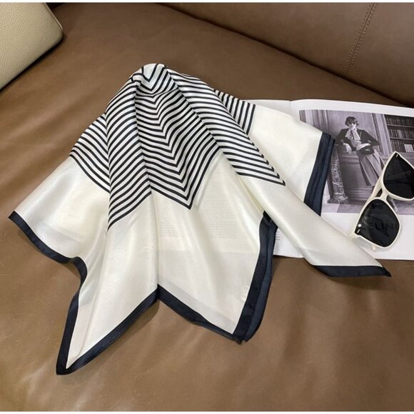 ✨Luxury Elegant Bandana Silky Square Scarf WHITE BLANK Striped Multifunctional✨ - Picture 3 of 7